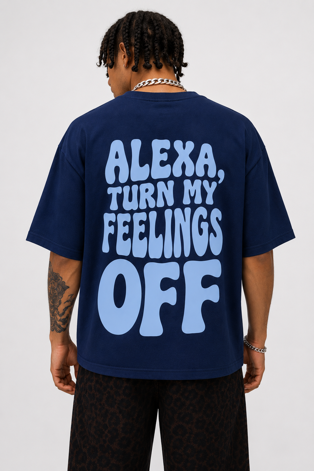 Alexa, Turn My Feelings Off – Oversized Graphic T-Shirt | Navy Blue