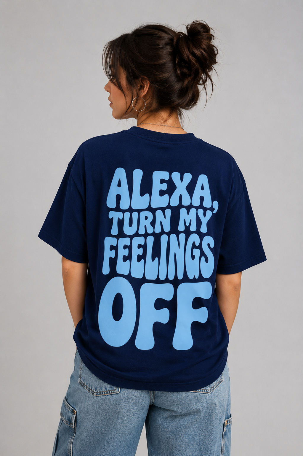 Alexa, Turn My Feelings Off – Oversized Graphic T-Shirt | Navy Blue