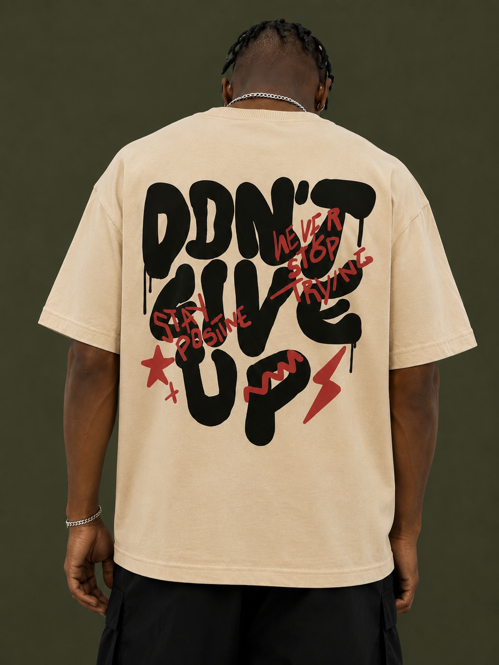 Don’t Give Up – Oversized Motivational Graphic T-Shirt | Beige